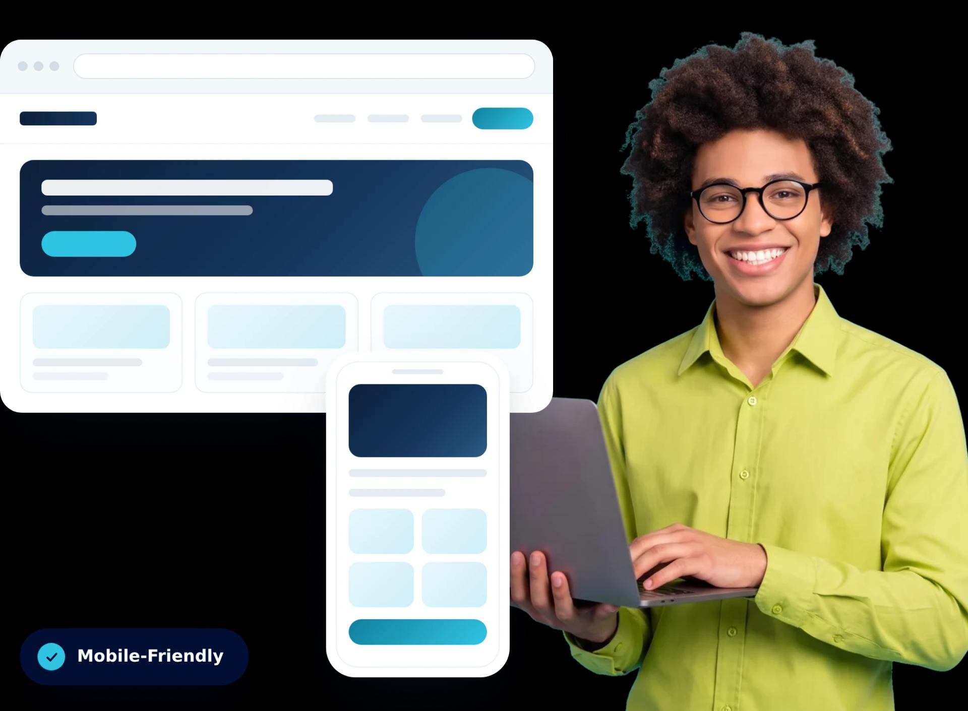Person holding a laptop beside a designed website shown on desktop and mobile
