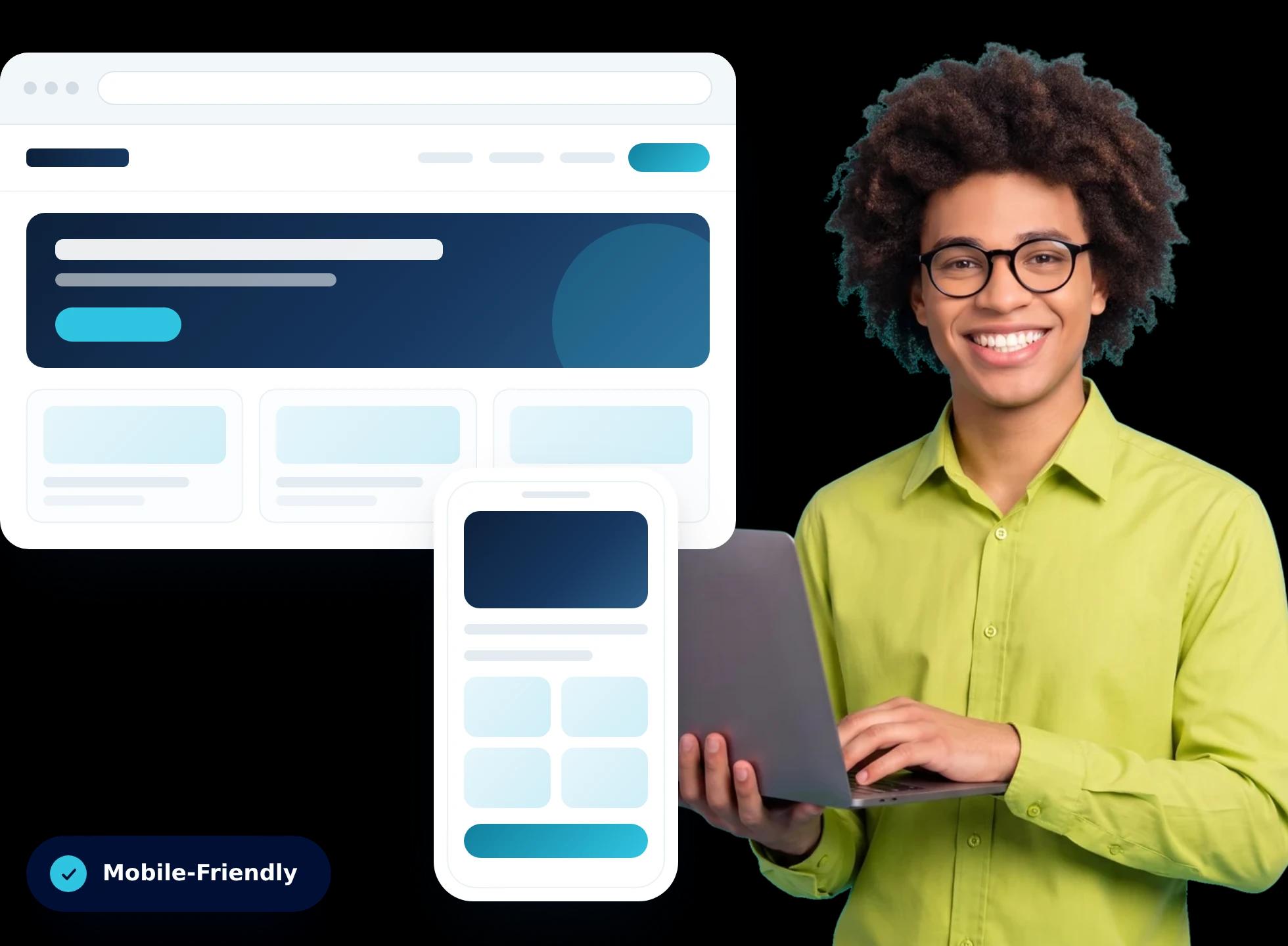 Person holding a laptop beside a designed website shown on desktop and mobile