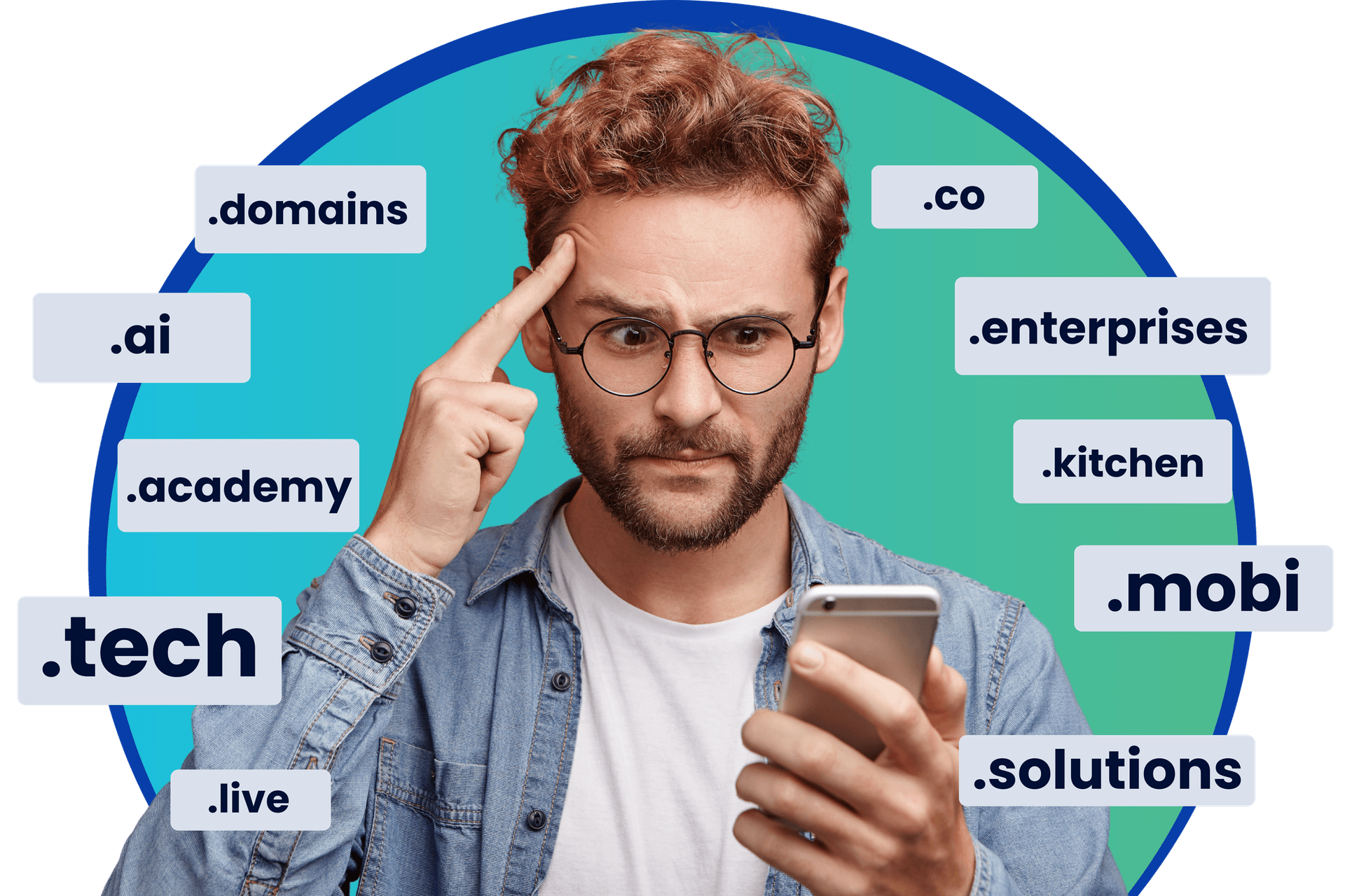 A person weighing up different domain extension options such as .tech, .co and .online
