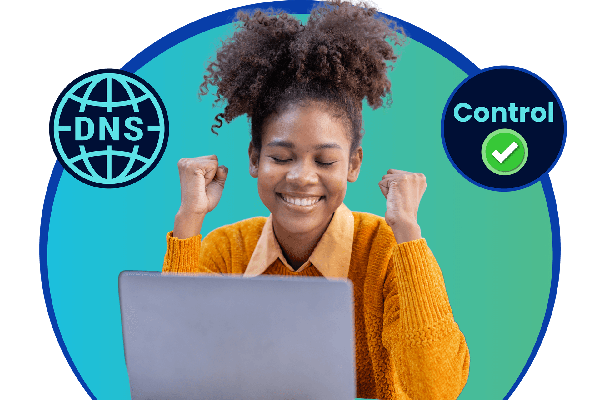 A happy customer after registering their domain, with DNS and control icons shown