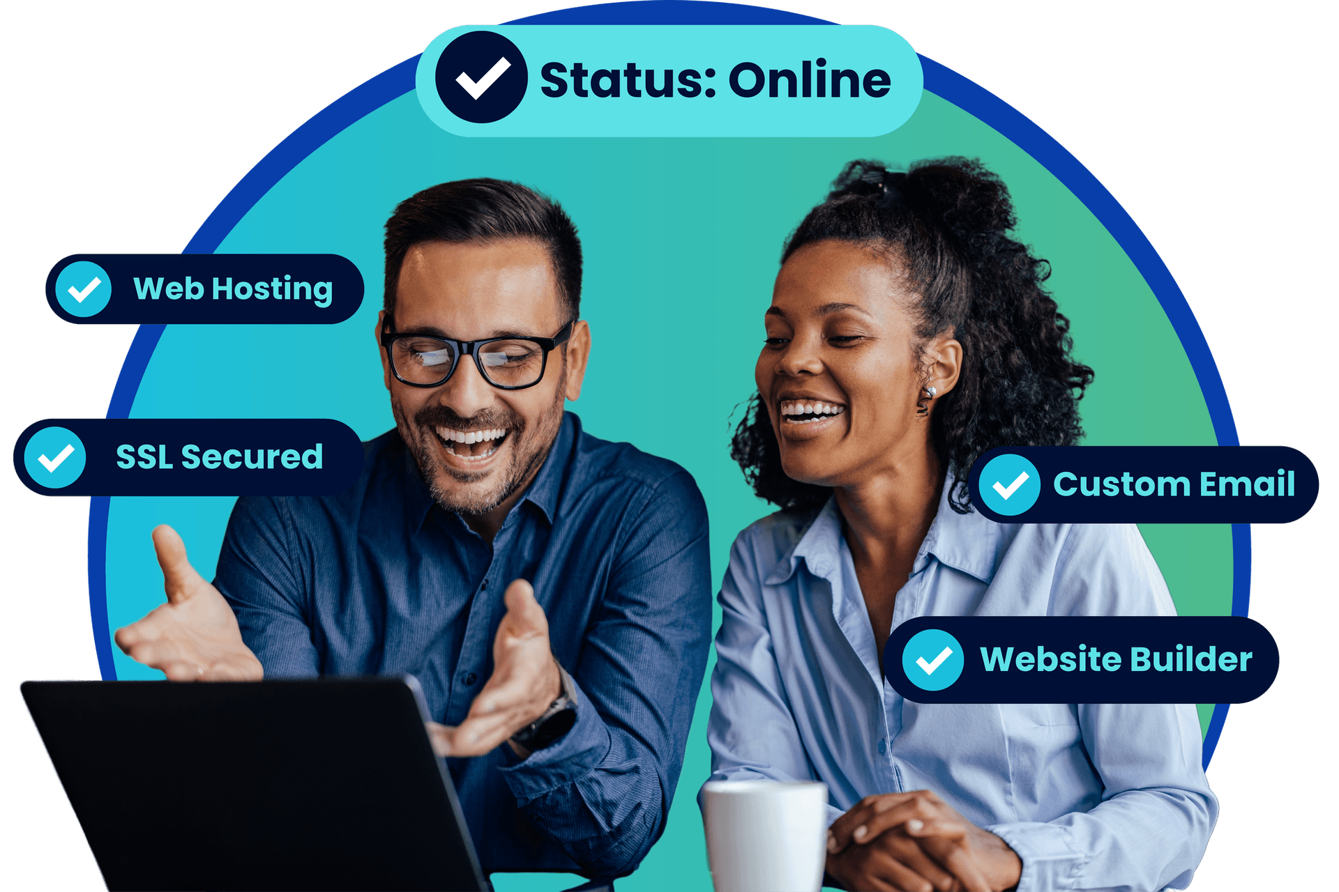 Two colleagues celebrating their website going live with hosting, SSL, email and a website builder