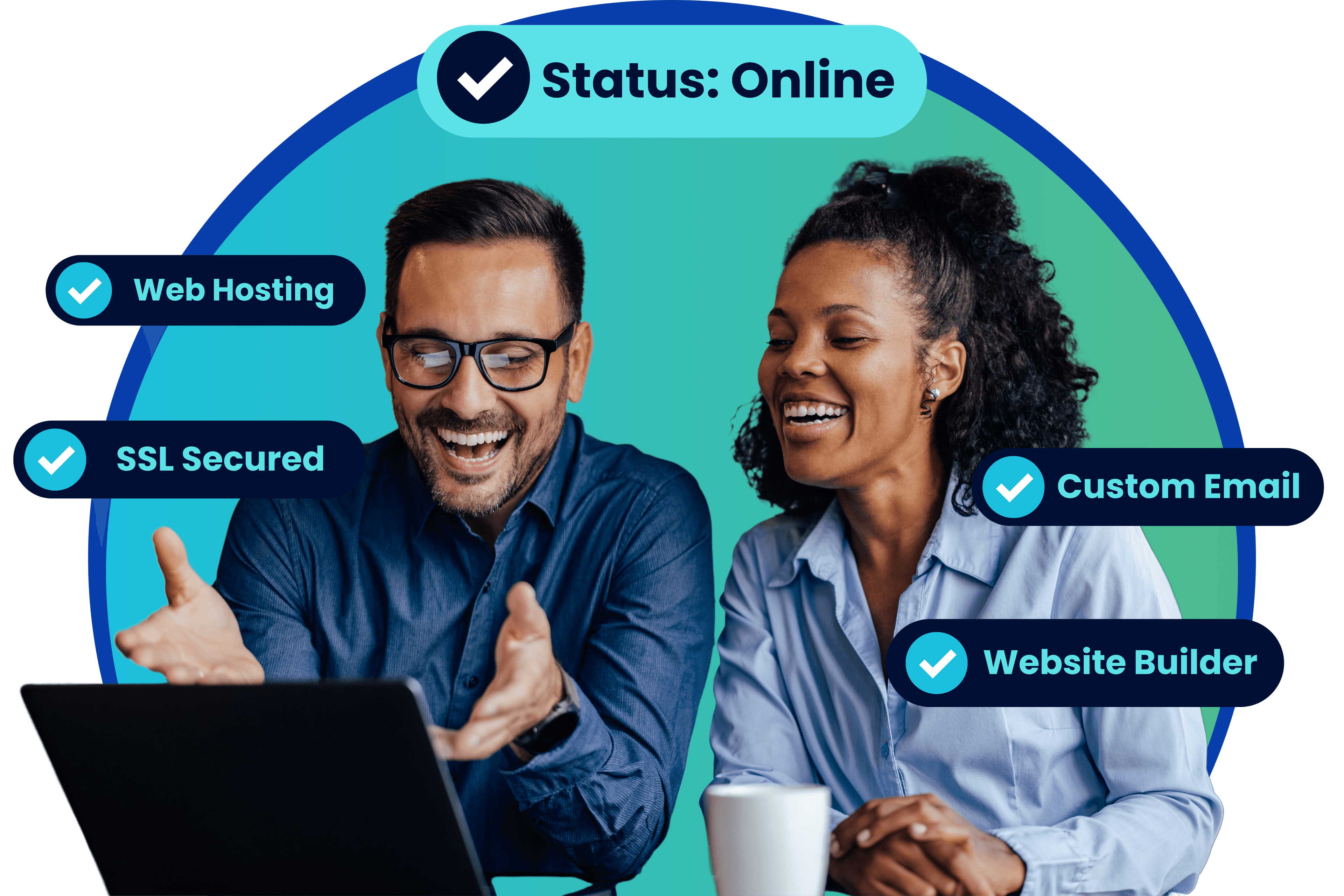 Two colleagues celebrating their website going live with hosting, SSL, email and a website builder