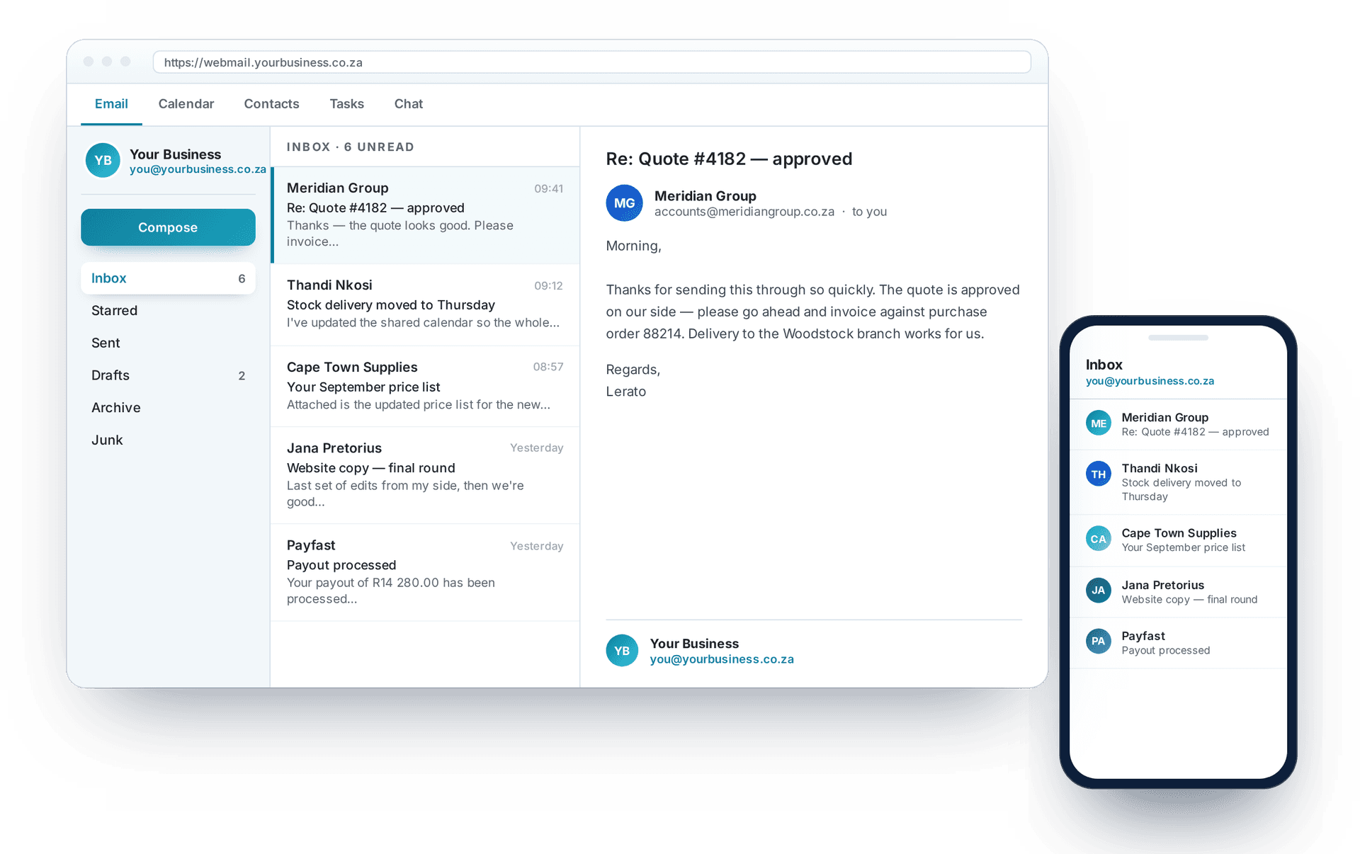 Business email hosting inbox on a custom .co.za domain, shown on webmail and on a phone