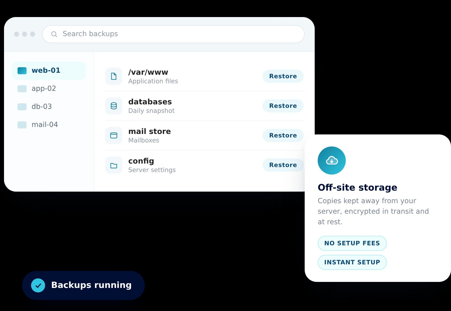 Web-based backup console listing restorable files alongside an off-site storage card