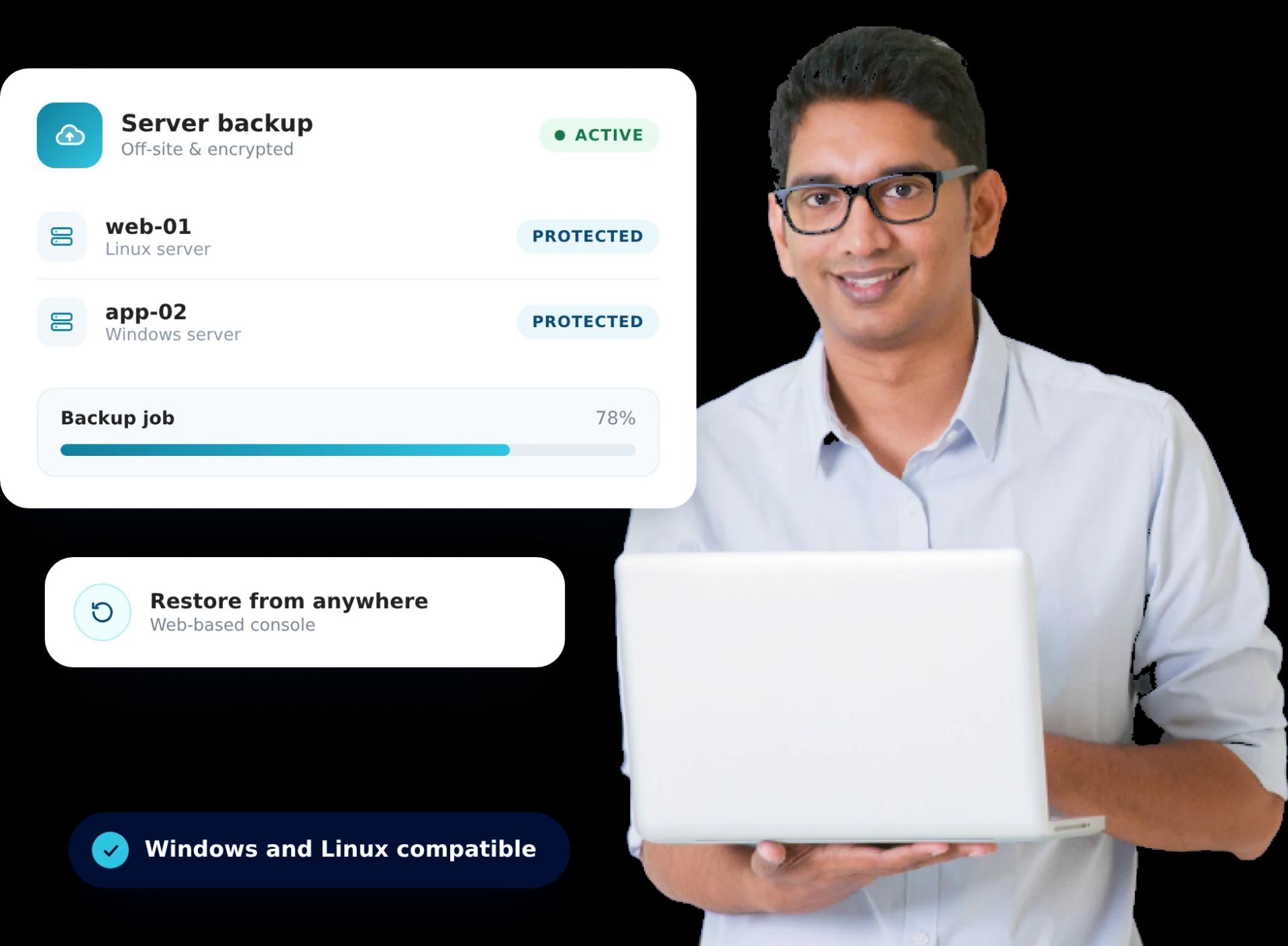 Person holding a laptop beside a server backup panel showing two protected servers and a running backup job