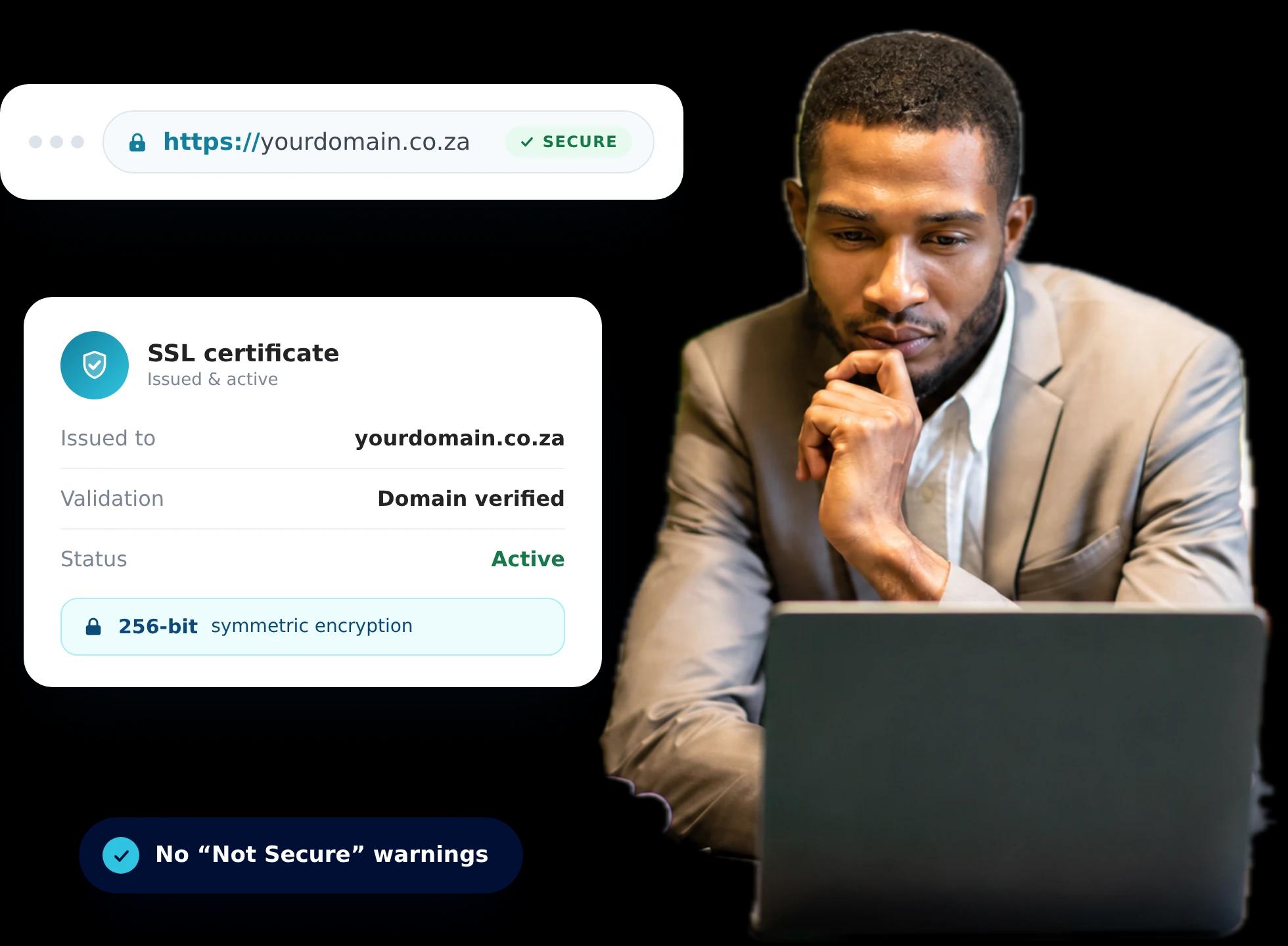 Person holding a laptop beside a secure browser address bar and an issued SSL certificate