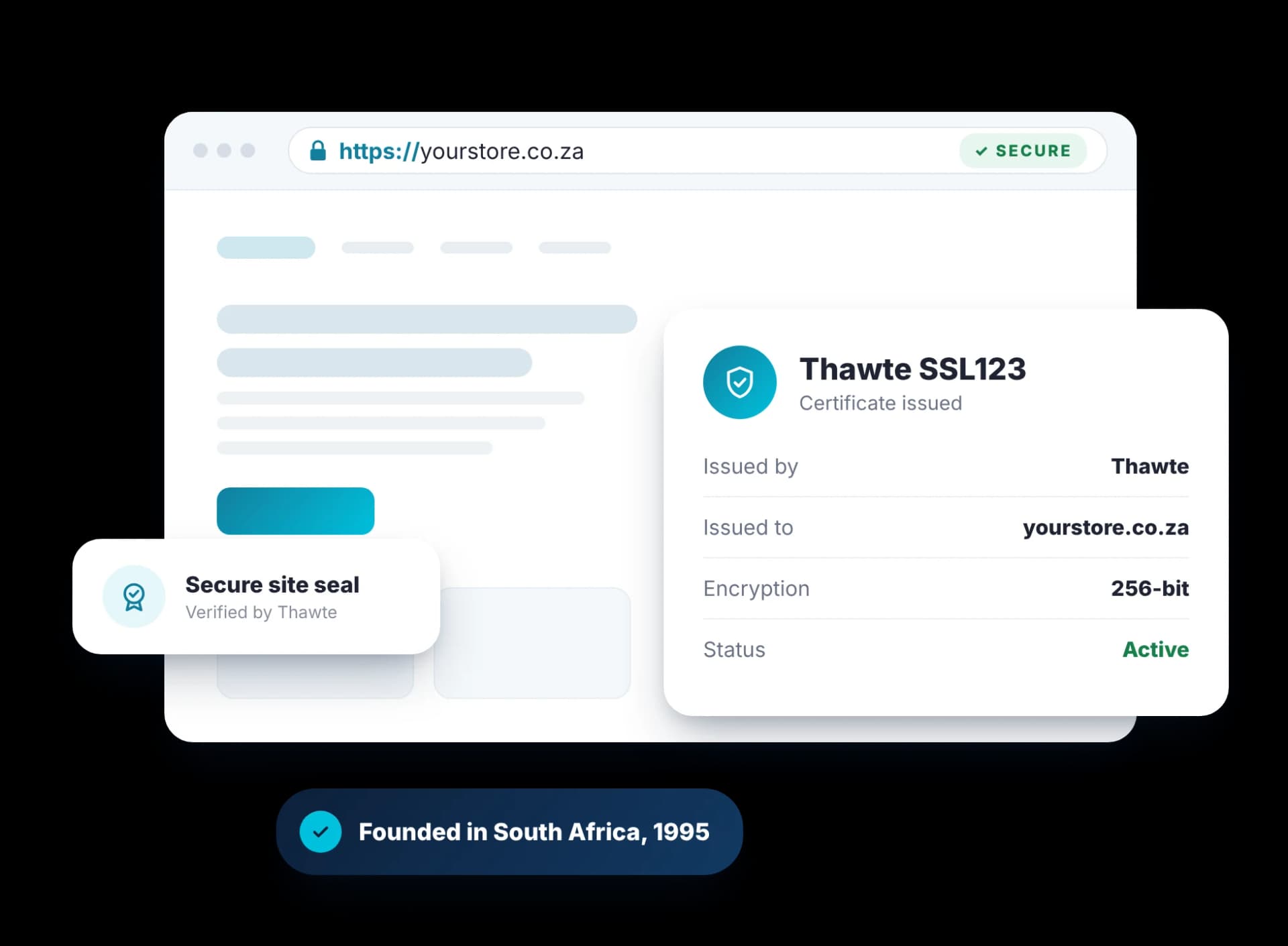 Secure browser window with an issued Thawte SSL123 certificate and a secure site seal