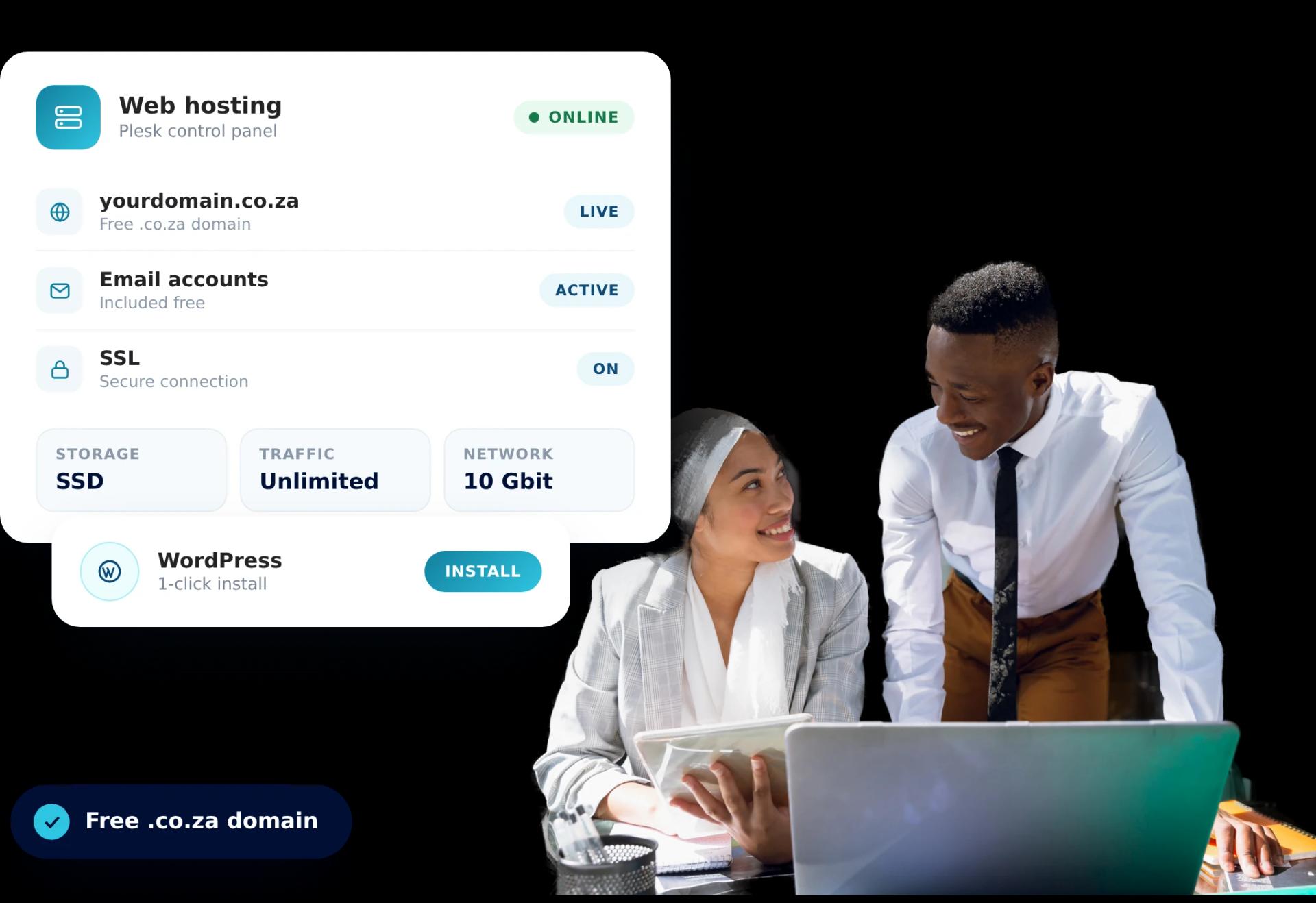 Two colleagues at a laptop beside a hosting control panel showing a live domain, email accounts and SSL