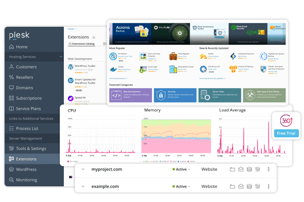 The Plesk Obsidian dashboard showing hosting services, extensions and server monitoring