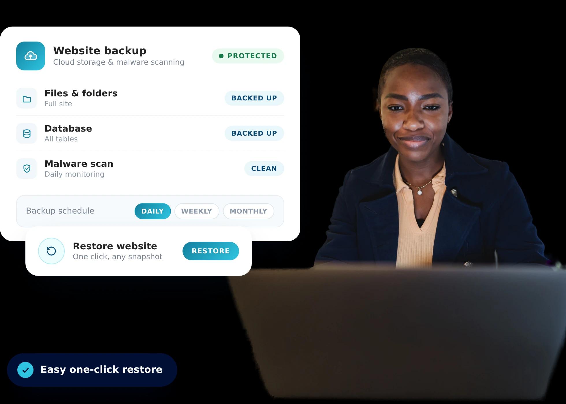 Person at a laptop beside a website backup panel showing files, database and malware-scan status