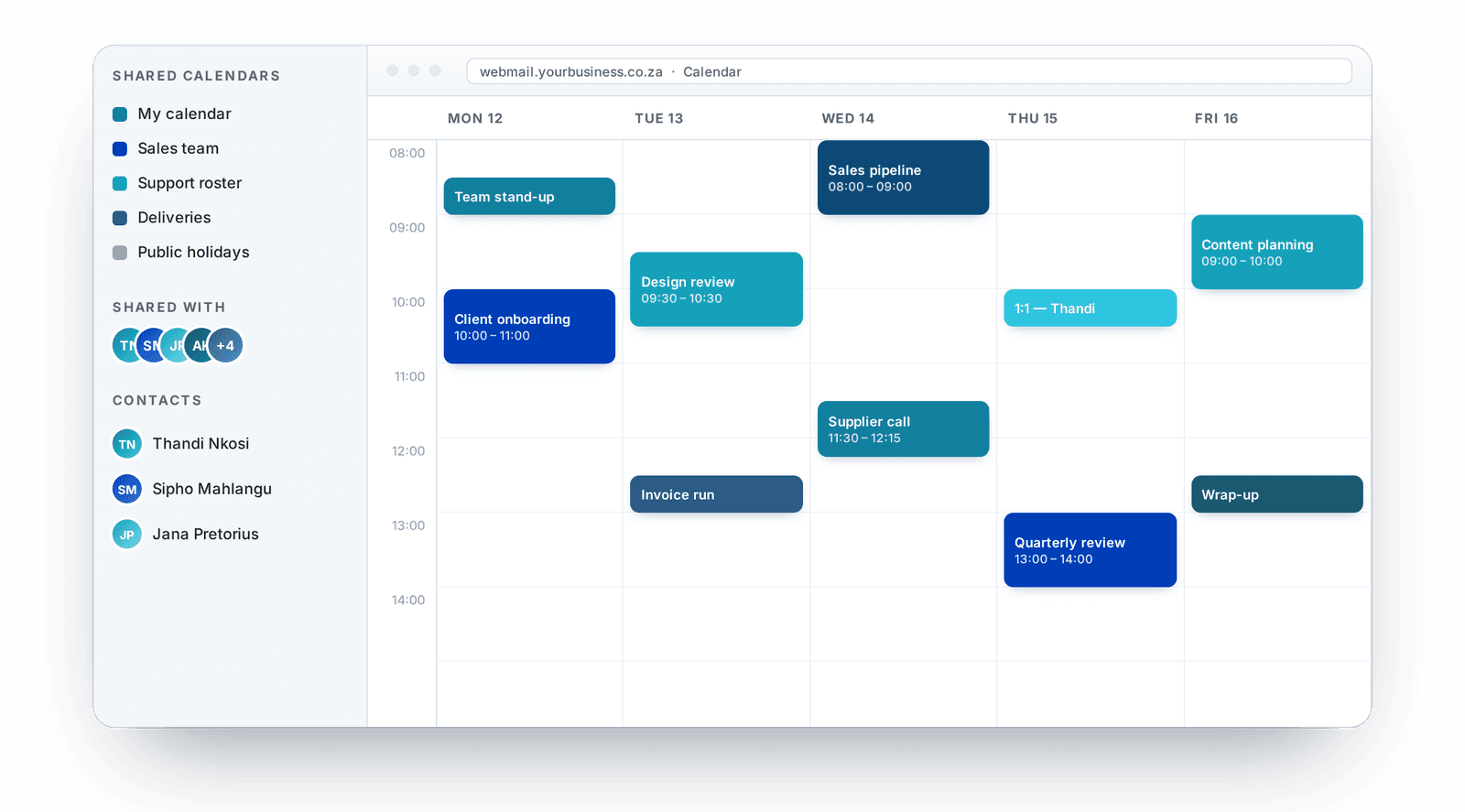 A shared team calendar with colleagues’ calendars layered over each other