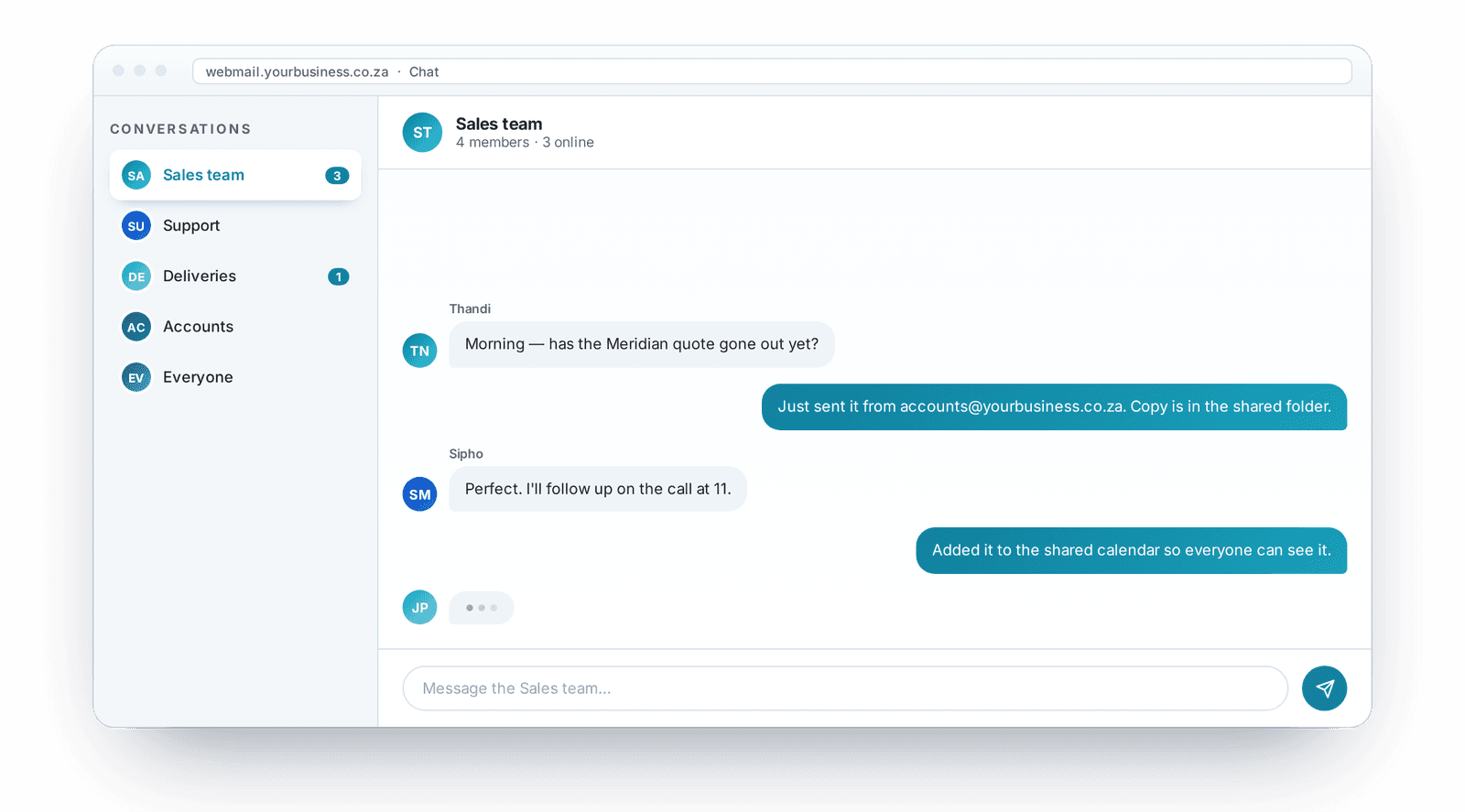 A group chat conversation between colleagues in the webmail interface