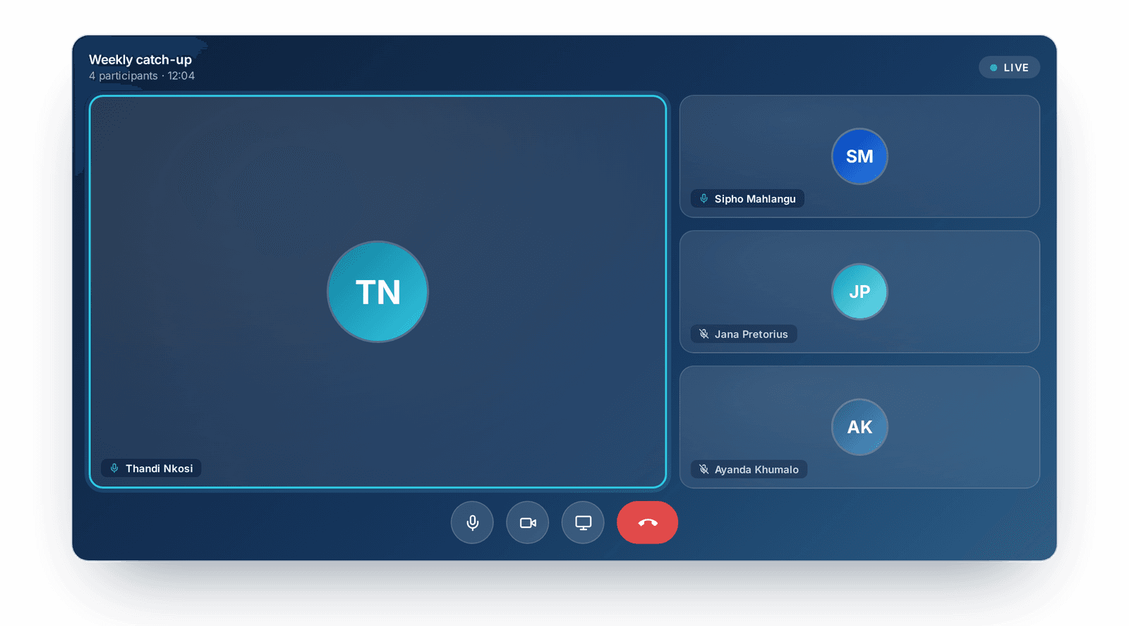 A team video call with four participants and the call controls