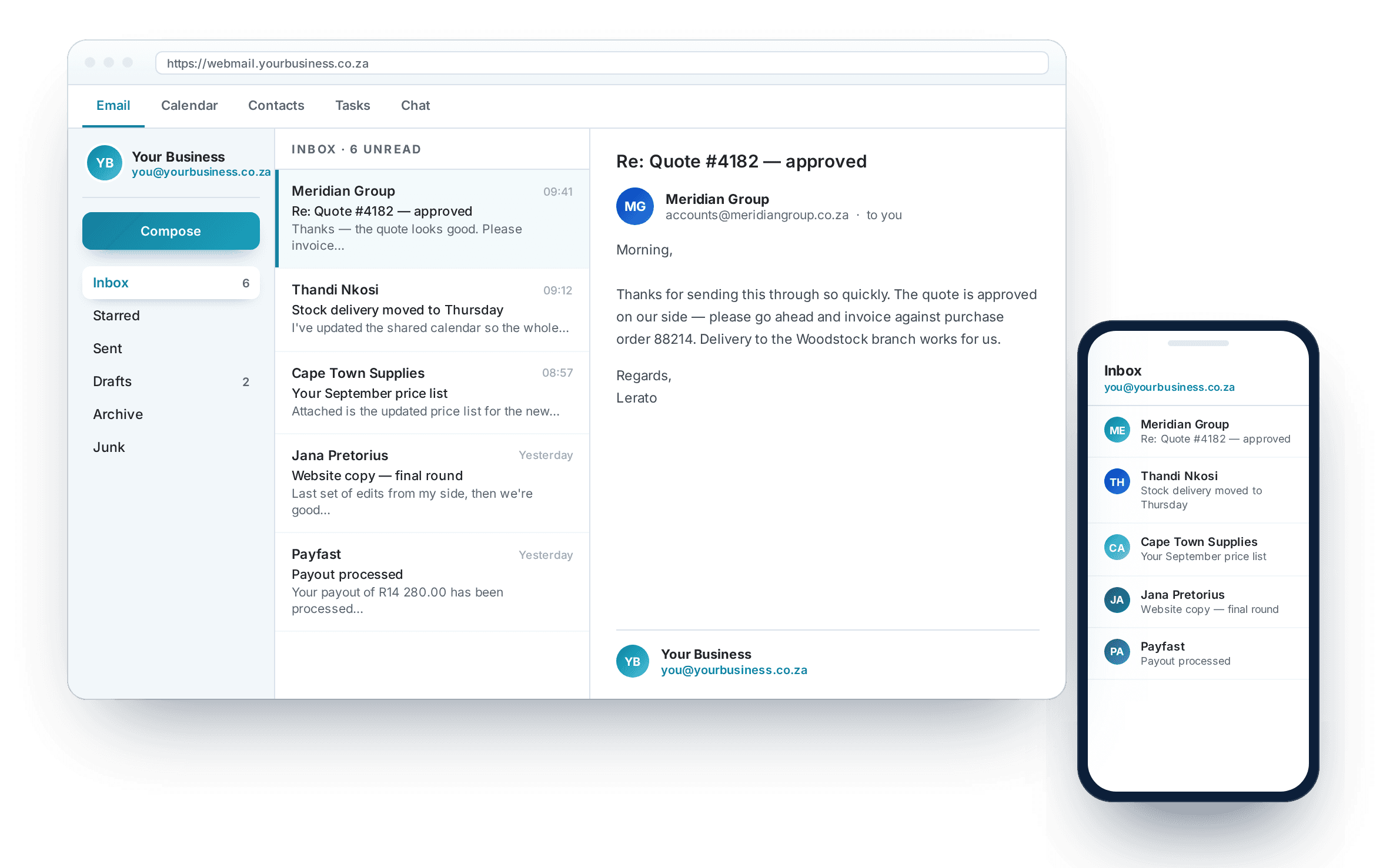 A professional inbox on webmail and on a phone, both on your own domain