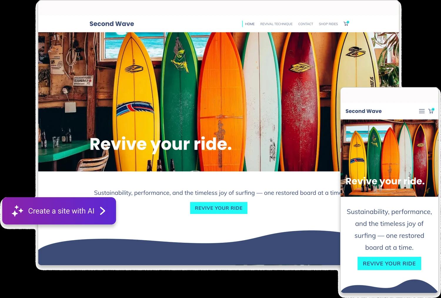 An online surf store built with the 1-grid Website Builder