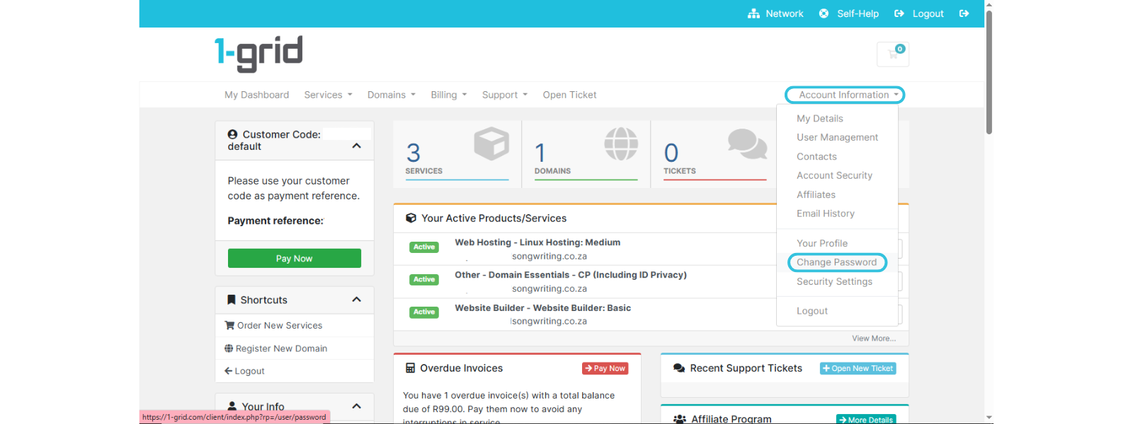 Select Account Information and then Change Password