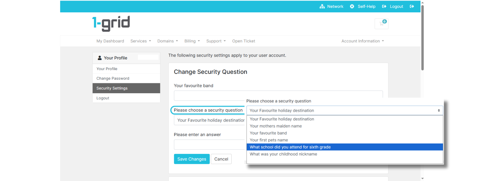 Select a new security question