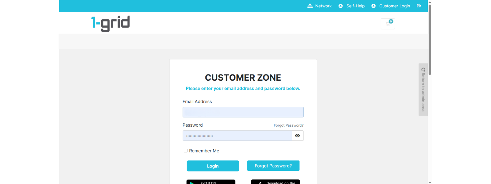 1-grid Customer Zone login screen