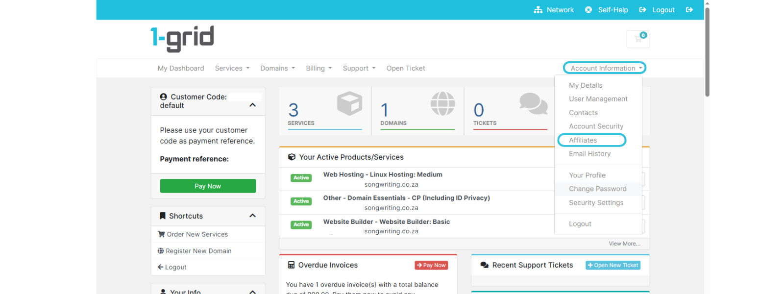 Access Account Information then Affiliates