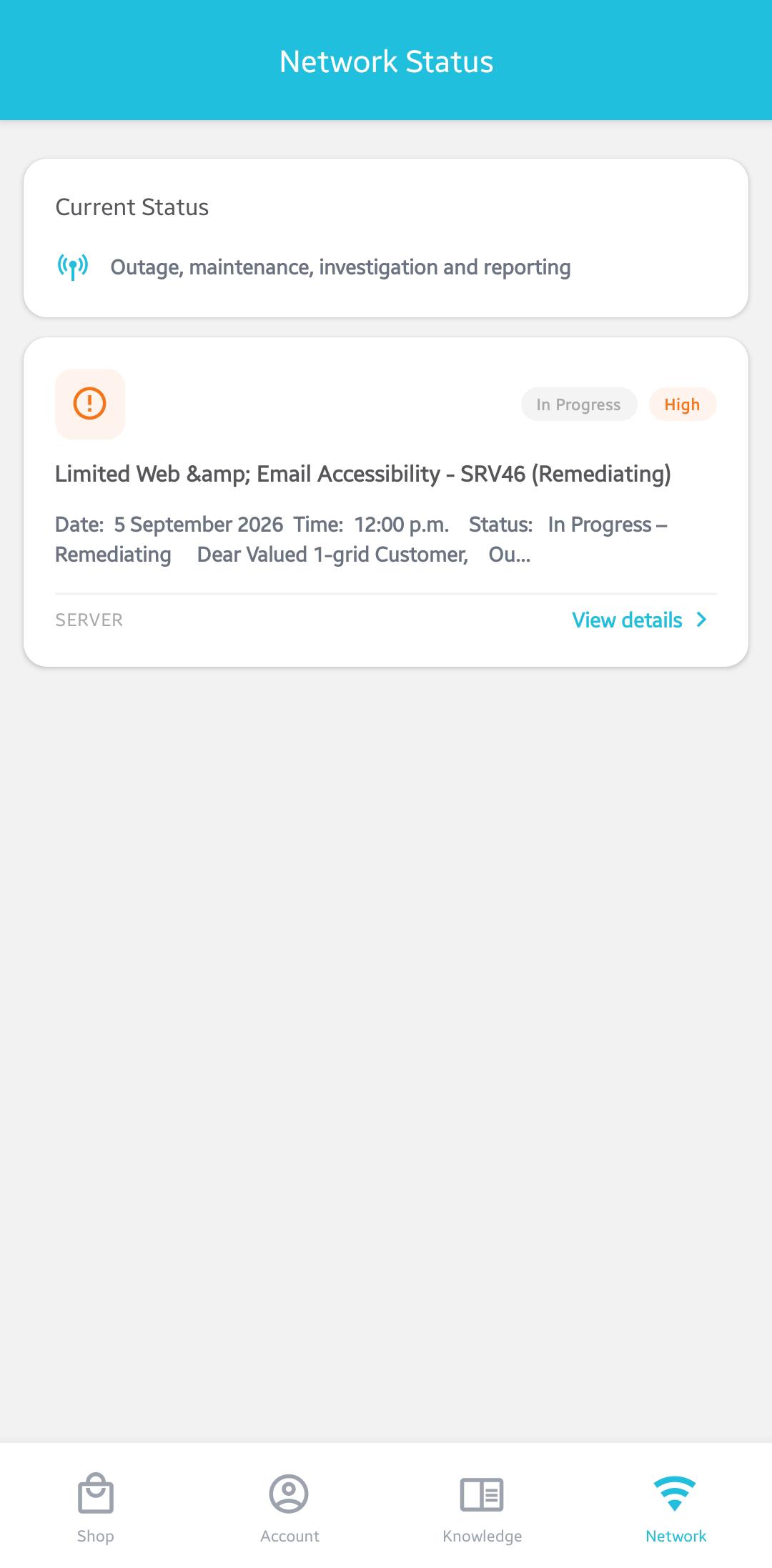Network Status launched - Not Logged In in 1-grid App