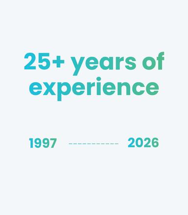 25+ years of experience, from 1997 onward.
